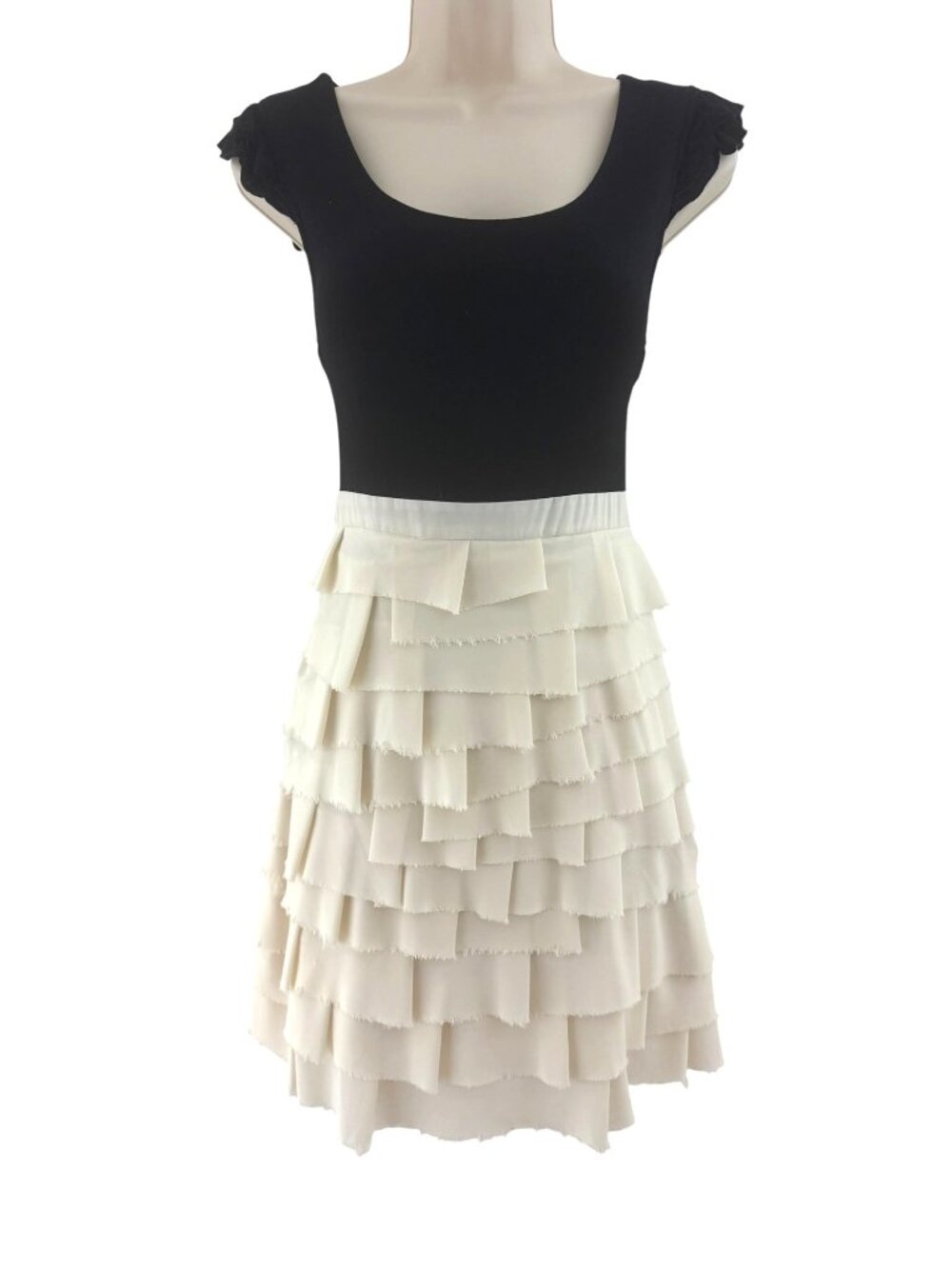 Black Ivory Creme Tiered Raw-Edge Ruffle Dress Size M S Wedding Party Summer